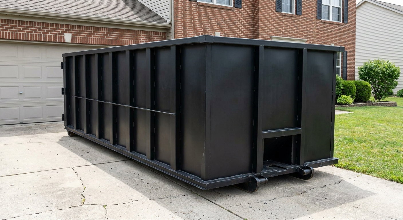 Matte-black 20-yard roll-off container on a Durham residential concrete driveway with reinforced ribbed steel sidewalls and a hinged rear walk-in door, clean bright daylight.