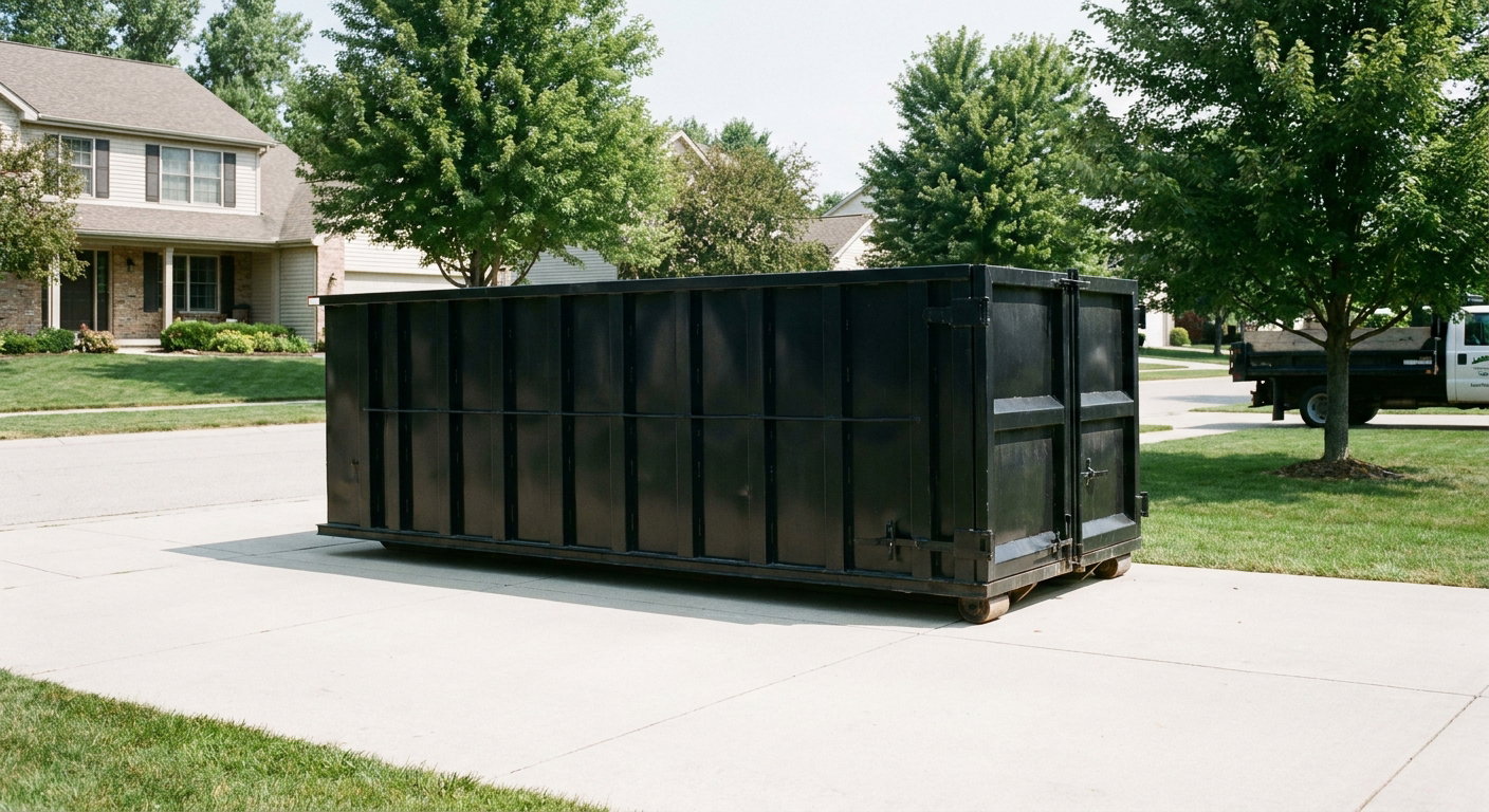 Matte-black 20-yard roll-off dumpster sitting level on a clean Durham residential concrete driveway under bright daylight, demonstrating clean placement directly on the concrete.