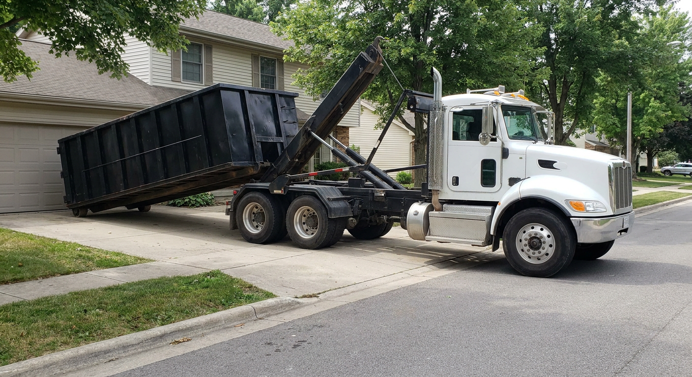 White-cab hooklift roll-off truck actively lowering a matte-black dumpster onto a Durham residential concrete driveway, the dumpster's rear wheels touching the driveway as the hoist arm tilts the bed forward, mid-morning daylight.
