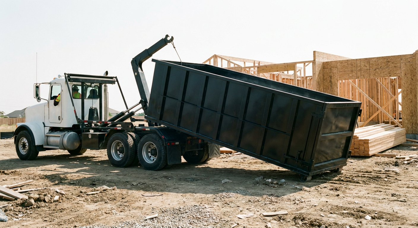 Matte-black roll-off dumpster being delivered onto a clean residential concrete driveway in Durham by an unmarked white hooklift hauler truck, bright morning daylight, documentary 35mm perspective.